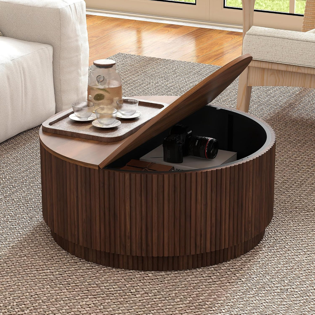 31.5" Round Coffee Table with Storage, Mid Century Modern Coffee Tables with Fluted Base, Wooden Circle Accent Center Table for Living Room Small Space Apartment Office (Walnut)