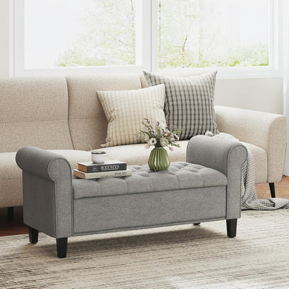 HOMCOM 50" Storage Ottoman Bench Button Tufted End of Bed Bench Gray | Upholstered, Rolled Arms, Wood Legs, Safety Hinges, for Living Room, Entryway, Bedroom
