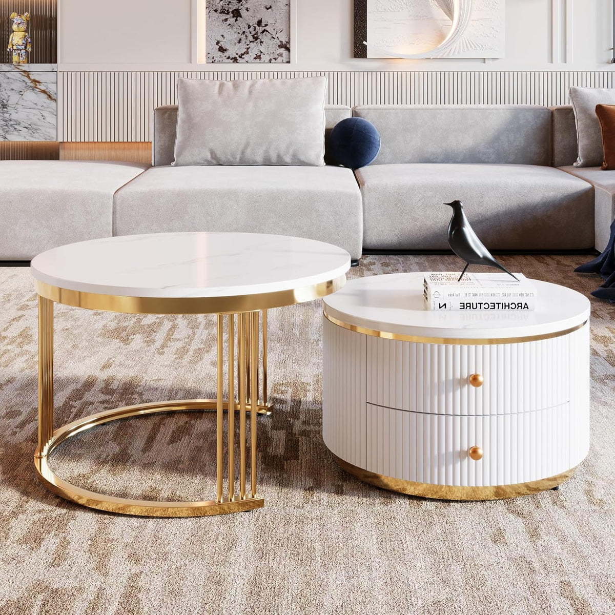 Modern 2 Pieces White Round Nesting Coffee Table with Drawers in 27.6''