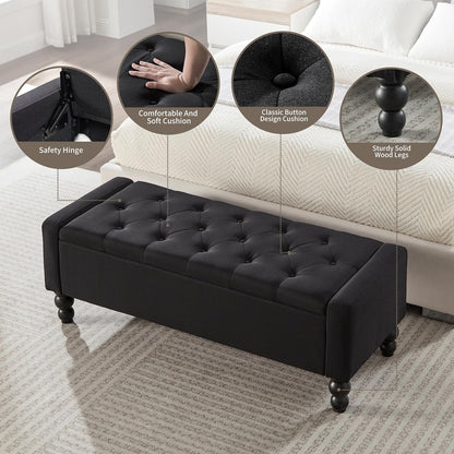 50" W Storage Ottoman Bench with Safety Hinge, Load up to 660 lb Ottoman with Storage, Upholstered Tufted Entryway Bench with Seating for Living Room, Bedroom, Entryway, Black
