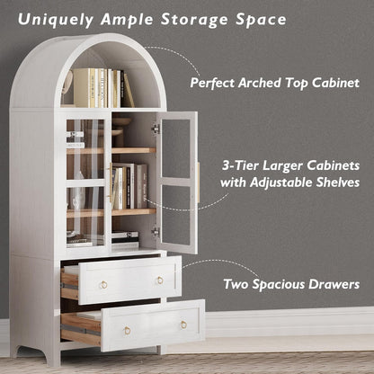 Tall Arched Pantry Cabinet with Glass Doors,White Kitchen Pantry with Adjustable Shelves,Arched Display Cabinet,for Kitchen, Dining Room