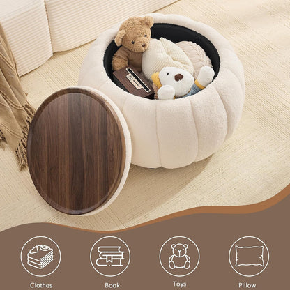 30 Inch Round Storage Ottoman Coffee Table for Living Room, Bedroom | Teddy Fabric , Anti-Slip Lid, ottoman foot rest, Pumpkin Shape