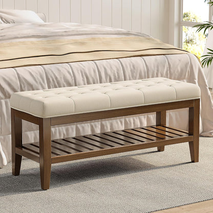 REONEY 43" End of Bed Bench, Upholstered Bedroom Storage Ottoman Bench, Entryway Shoe Bench, Padded Window Seat with Solid Wood Legs, for Living Room, Hallway, Beige Linen