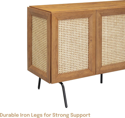NTC MOSSIC Modern Large Sideboard with 2 Doors 3 Drawers, Natural Rattan Storage Cabinet, Buffet with Metal Legs, Boho Accent Cabinet for Living Room, and Entryway, Effortless Assembly, Teak Look