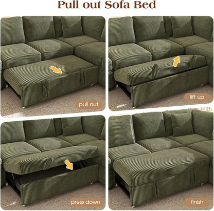 Ihanherry 7-Seater Large Sectional Sofa Bed with Storage Ottoman & Lovescat, Corduroy Modular Sleeper Sofa Set with USB Port & 4 Pillows, 106" U-Shaped Convertible Couch for Living Room（Green）