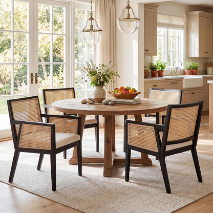 VESCASA Rattan Dining Chairs with Armrest, Padded Upholstered Linen Cream Cushion Dining Chairs with Wood Legs for Dining Room, Kitchen, Set of 2, Black Frame