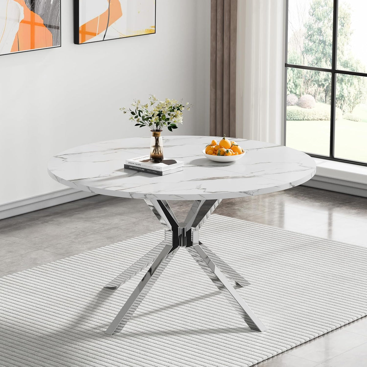 Modern Round Dining Table for 4 to 6, 47 inch Circle Dining Table with White Faux Marble Top & Silver Stainless Steel X Base, Round Dining Room Table for Kitchen Dining Room Small Space