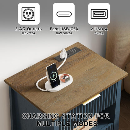 HIFYOBRO Fluted End Table with Charging Station and Motion Sensor Light, Modern Blue Side Table with 2 Drawers and Storage Shelf for Living Room, Bedroom, Guest Room
