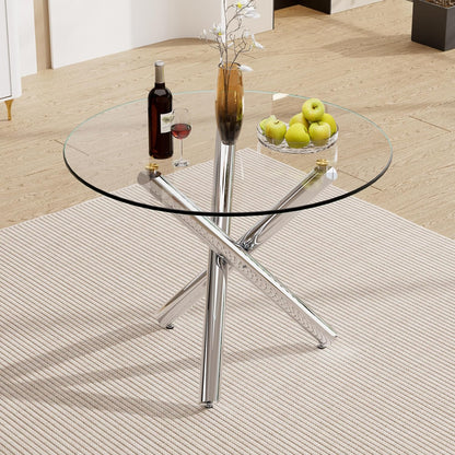 Round Glass Dining Room Table for 2-3, Modern Tempered Glass Top, Sturdy Chrome Legs, Adjustable Foot Pads, Kitchen Table for Living Room, Dining Room, Tea, Home, 35.5 Inch, Round Silver Base