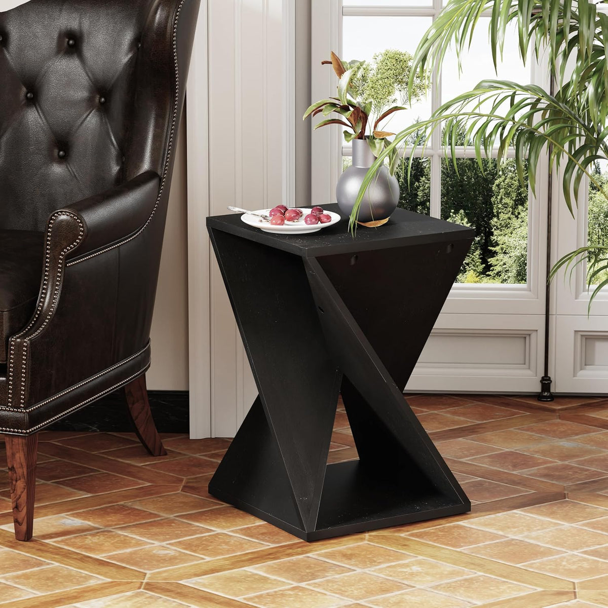 COZAYH Farmhouse End Table Square Solid Wood Pedestal Side Table Rustic Plant Stand with Twisted Design for Living Room, Bedroom, Office, Black