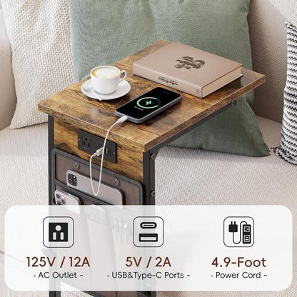 Vagusicc C Shaped End Table with Charging Station, Adjustable Height Side Table for Couch, Small Sofa Table with Storage Bag, Slide Under Sofa TV Tray Snack Arm Tables for Living Room, Bedroom, Brown