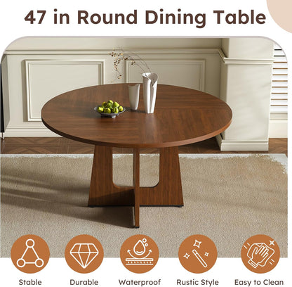 47" Round Dining Table Set for 6, Walnut Wood Grain Table and 6 Brown Suede Upholstered Chairs Set, Mid Century Modern Kitchen Table Set with Cross Legs