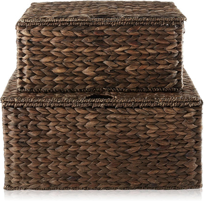 Casafield Set of 2 Water Hyacinth Rectangular Storage Baskets with Lids (Espresso - Medium/Large) for Bedroom, Bathroom, Laundry, Home Office