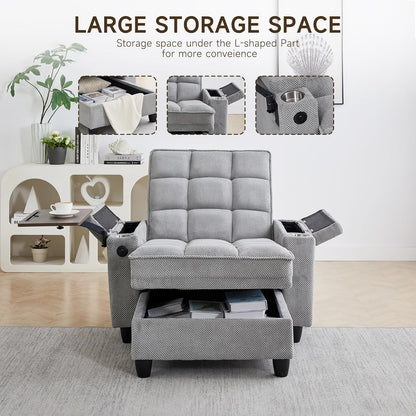 hansones 41.7" Chaise Lounge Chair Indoor, Sofa Bed with Adjustable Backrest, Sleep Sofa Couch, Deep Seat Reading Chair, Couches for Living Room with Storage & 360° Swivel Side Table (Gray, 41.7")