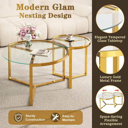 Round Nesting Coffee Table Set of 2 with Gold Frame & Mirrored Top, Black | Modern Circular Cocktail Tables with Tempered Glass, Space-Saving for Living Room & Apartment