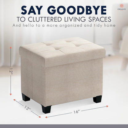 Ornavo Home Small Rectangle Storage Ottoman with Legs, 12x16x12, Beige | Foot Rest Stool Seat; Holds Up to 600 lbs; Ideal for Living Room, Bedroom, Home Office or Dorm