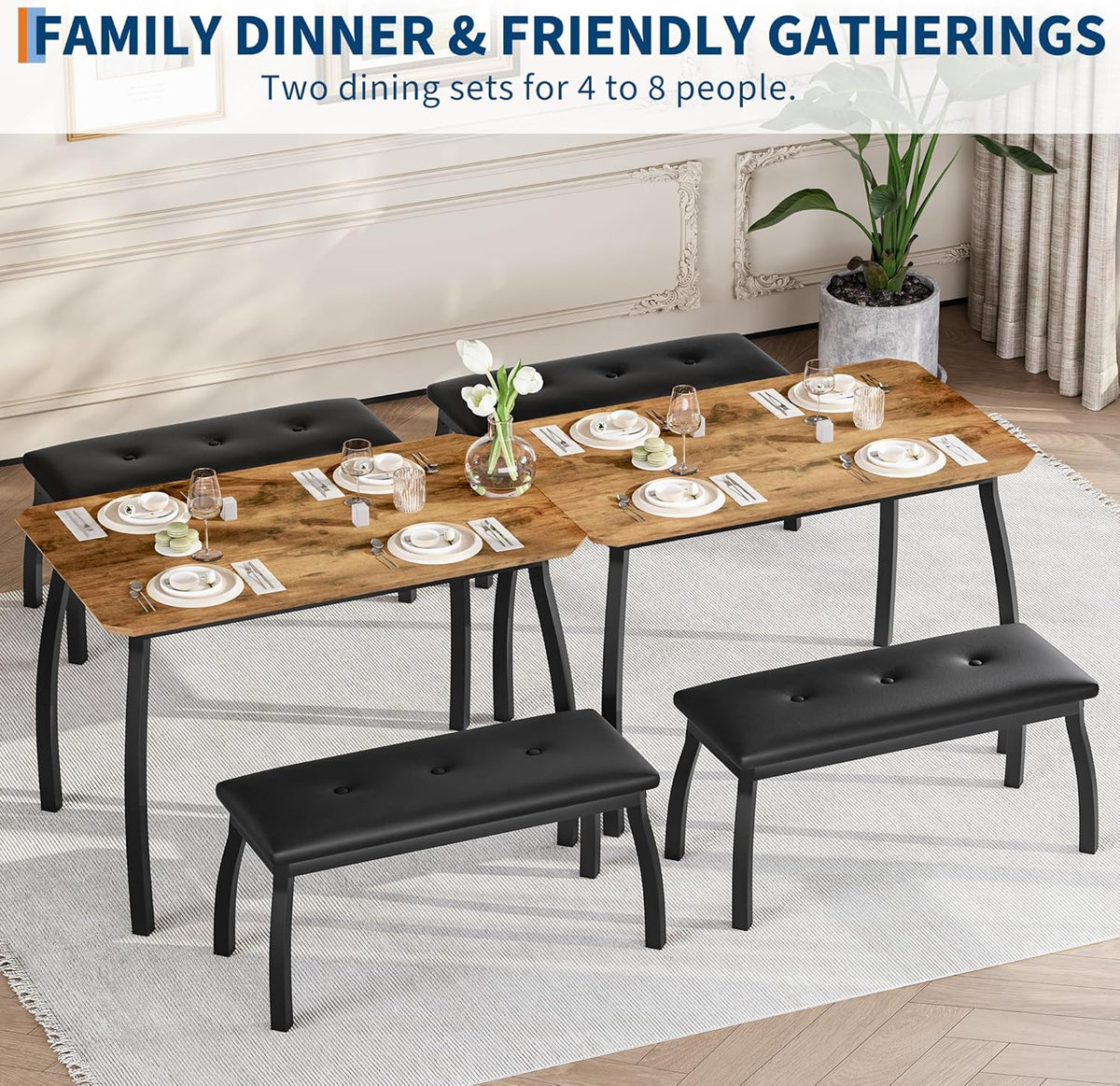 Dining Table for 4, 3-Piece Kitchen Table Set for 4 with Wooden Tabletop and Metal Frame, Industrial Kitchen Table with 2 PU Leather Benches for Bar, Dining Room, Restaurant(43''x28''x30''), Retro