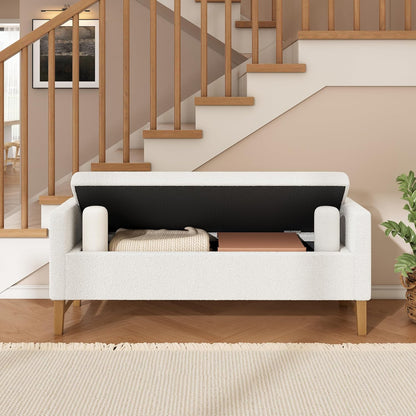 Merax Boucle Upholstered Storage Bench 50.8" End of Bed Bench with 2 Round Pillows & Solid Wood Legs, Ample Hidden Storage Space, Ottoman for Entryway Bedroom, Ivory