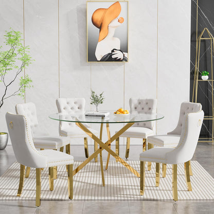 Round Glass Dining Room Table Set for 6, 7-Piece Dining Table Set with 47.2" Circle Gold Glass Dinner Table & 6 Beige Velvet Tufted Chairs, Modern Kitchen Table Set for Apartment Home Office