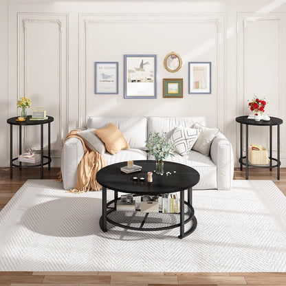Recaceik Round Coffee Table and End Table Set of 3 with Storage, Modern Vintage Black Coffee Table and Side Table for Living Room, Office, Apartment, Small Space