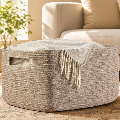 Optish 75L Large Woven Blanket Basket, Storage Basket with Handles, Brown | Sturdy Cotton Rope Basket Organizer Blanket, a lot of Toys, Comforter, Pillow, Bedroom, Living Room, Bathroom, Easy to Carry