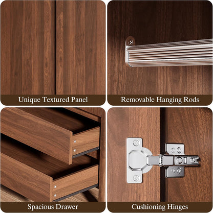 Furniway Armoire Wardrobe Closet, 70.9" Tall Wardrobe Cabinet with 2 Doors, 2 Large Drawers and Hanging Rod, Wooden Clothing Storage Cabinet for Bedroom, Cloak Room, Walnut