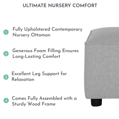 Evolur Holland Upholstered Ottoman in Light Grey, Foot Rest Stool for Nursing Moms, Tool-Free Assembly, Made for Every Décor