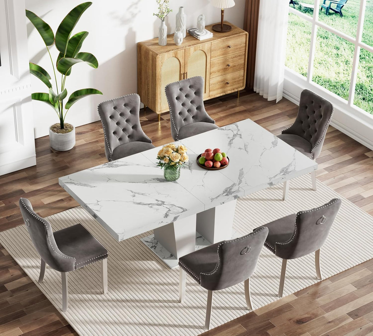Extendable Dining Table Set of 6, White Rustic Kitchen Dining Table & 6 Gray Velvet Dining Chairs with Stainless Leg, 62.99"-78.74" Dining Room Table and Chairs Set, Modern 7 Piece Dining Set