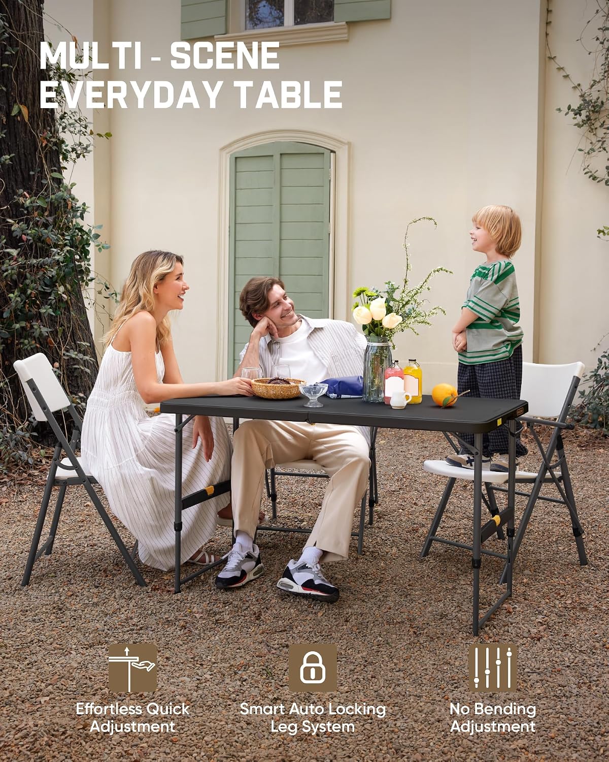 FanttikOutdoor Folding Table 4 Foot Quick Adjust Portable Plastic 4 Heights | Effortless Adjustable Height Small Card Table, Fixing Lock, Indoor Outdoor Use for Party Camping, 1 Pack Black Zeta X4 Pro