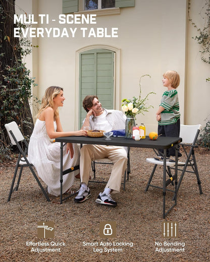 FanttikOutdoor Folding Table 4 Foot Quick Adjust Portable Plastic 4 Heights | Effortless Adjustable Height Small Card Table, Fixing Lock, Indoor Outdoor Use for Party Camping, 1 Pack Black Zeta X4 Pro