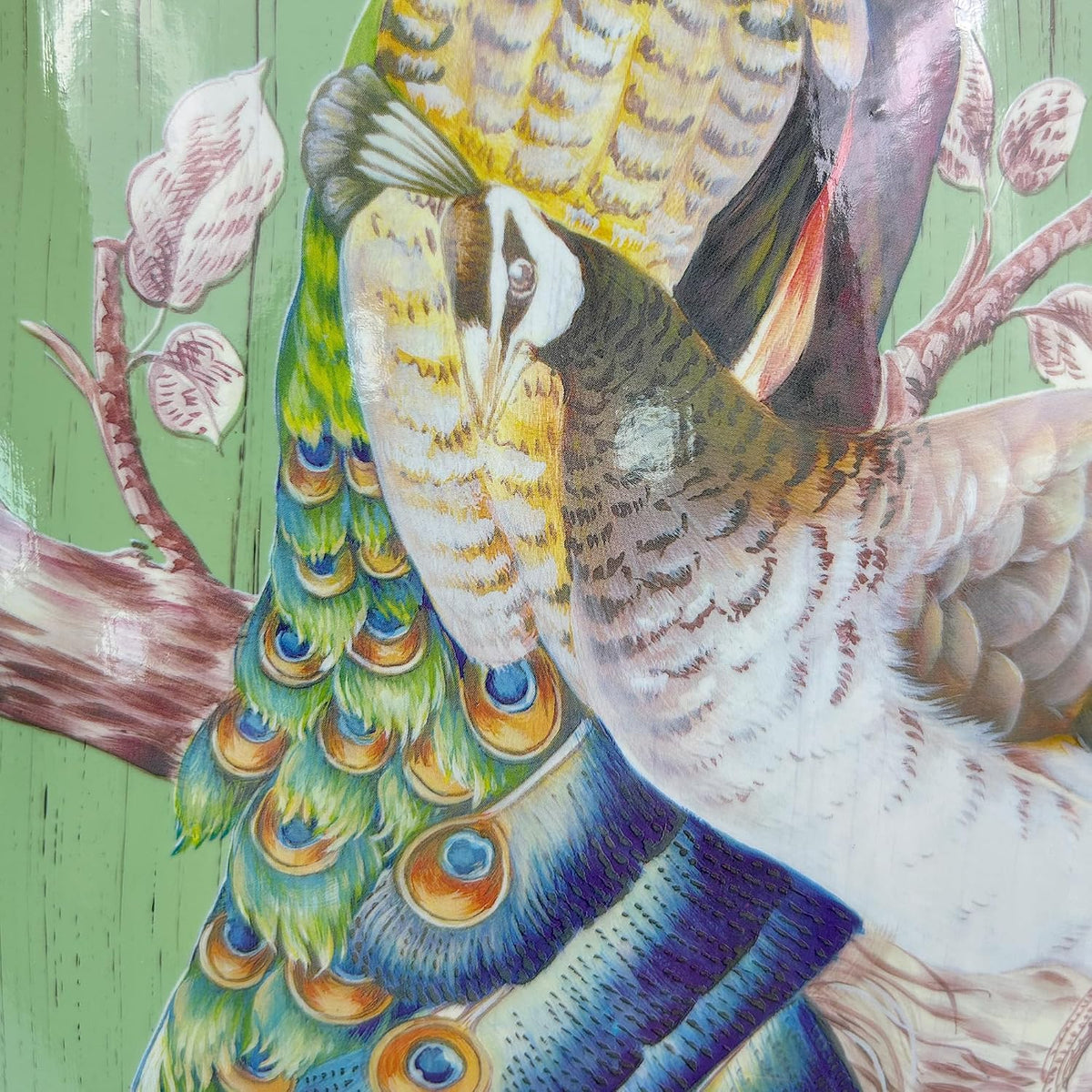 Hand-Painted Floral Bird Ceramic Drum Stool - Oriental Artistry Storage Ottoman, Accent Seat, End Table (Peacock‘s Majestic Bloom（Green）)