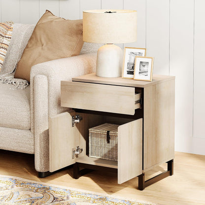 WAMPAT Modern End Table with 1 Drawer & 1 Storage Cabinet, Farmhouse Sofa Table, Wooden Rustic Side Sofa Table with Metal Leg for Living Room, Nighstand for Bedroom, Beige, 1 Psc