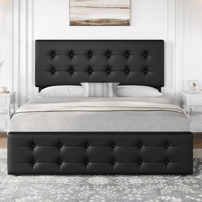 IDEALHOUSE Queen Size Bed Frame with 4 Storage Drawers and Headboard, Black