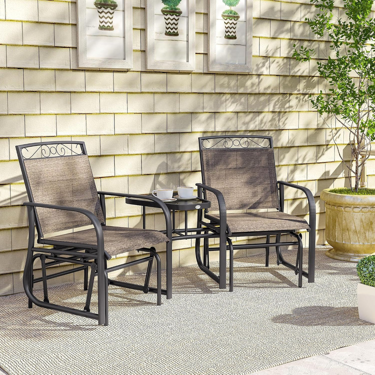 Outsunny Outdoor Glider Chairs with Coffee Table Patio 2-Seat Brown | Rocking Chair Swing, Breathable Sling, Backyard, Garden, Porch
