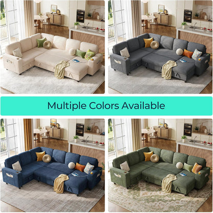 LINSY HOME Sectional Couches for Living Room, 81" U Shape 6 Seats, Blue | Sleeper sofa with pull out couch bed, corduroy couch with storage