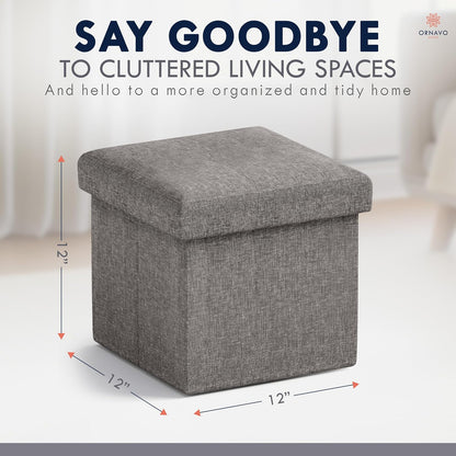 Ornavo Home Small Storage Ottoman Foldable Collapsible Cube Square Linen Ottoman Foot Rest Stool Seat, for Living Room, Bedroom, Home Office, Dorm - 12 x 12 x 12, Dark Gray