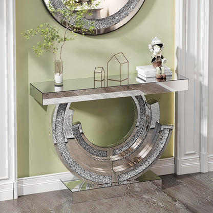 SSLine Mirror Console Table for Living Room 43" Modern Mirrored Entryway Table with Crystal 3-Ring Shape Base Luxury Silver Foyer Tables for Entryway Hallway