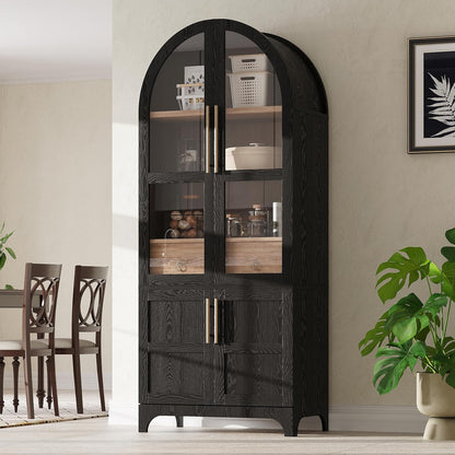 Kitchen 71" Arched Pantry Hidden Storage，Black-V | Adjustable Shelves Soft-Close Doors Anti-Tip Safety 4-Door Racks Durable MDF Multi-Room Use