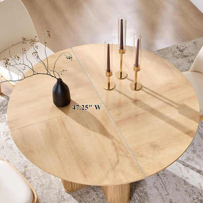 T4TREAM 47" Fluted Round Dining Table for Kitchen Living Room, Natural Oak | Mid Century Modern Kitchen Table,Seats 4-6,Thickened Edge and Sturdy Reeded Pedestal Base
