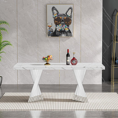 70" Faux Marble White Silver Dining Table for 6, Modern Dining Room Table with 0.71" Marble Printing MDF Top and Flash-Shaped Stainless Steel Base,Rectangular Large Kitchen Dinner Table
