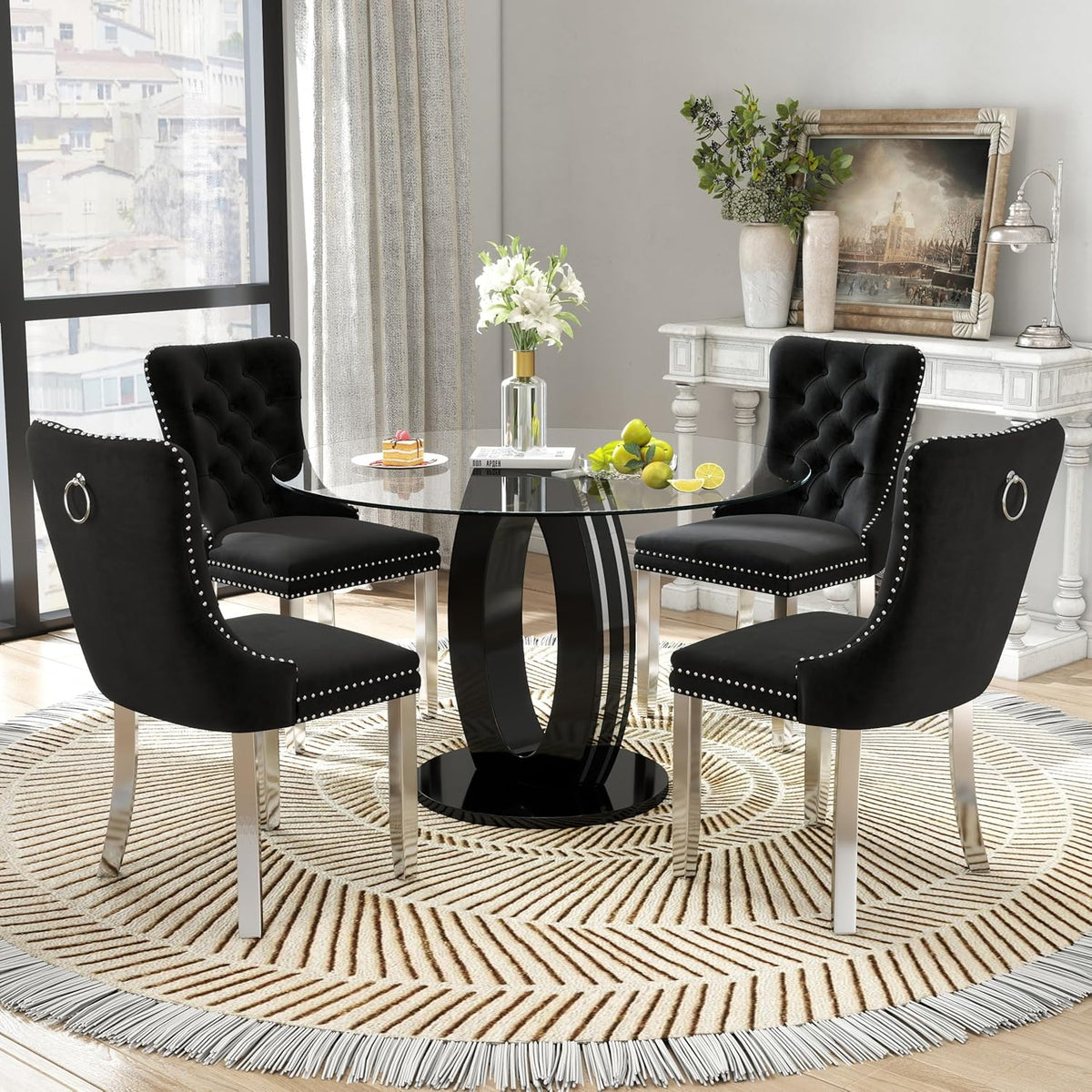 RGZ 39'' Modern Luxury Clear Glass Round Dining Table for 4-6, Glass Circle Top Kitchen Table with Elegant Silver Decorative Strips & Black Base, Small Apartment Dinner Table for Home, Living Room