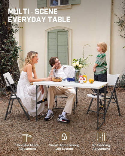 FanttikOutdoor Folding Table 4 Foot Quick Adjust Portable Plastic 4 Heights | Effortless Adjustable Height Small Card Table, Fixing Lock, Indoor Outdoor Use for Party Camping, 1 Pack White Zeta X4 Pro