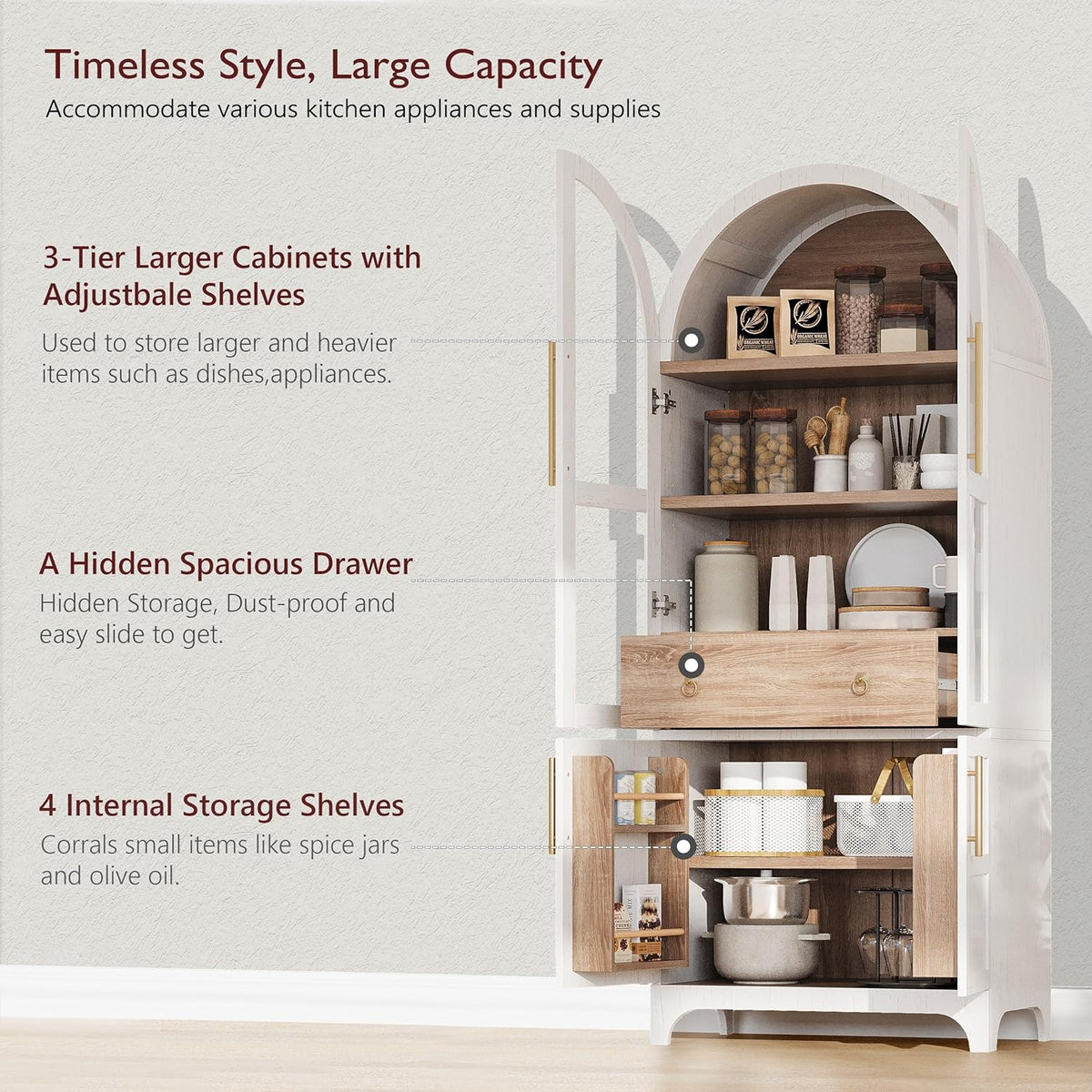 Merax 71" Farmhouse Arched Pantry Cabinet with Glass Doors & Hidden Drawer, Adjustable Shelves Storage Cupboard for Kitchen/Dining Room, White
