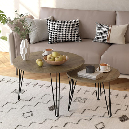 Small Round Nesting Coffee Table Set of 2 for Living Room, 27.56 inch Wood Modern Stacking Circle Coffee Table Side Table End Table with Metal Frame for Bedroom（Brown