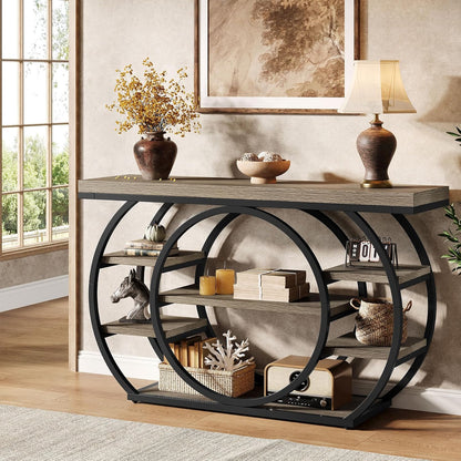 Tribesigns 47" Industrial Entryway Table with Staggered 5-Tier Shelf | Narrow Console with Metal Frame, 5-Tier Sofa Table for Living Room Entryway, Hallway, Foyer, Gray