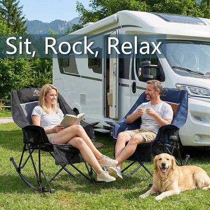 400lbs Rocking Camping Chair, Oversized Heavy Duty XL Folding Rocker for Adults, Padded High Back Big & Tall Support, with Cup Holders & Carry Bag for RV, Lawn, Patio & Sports