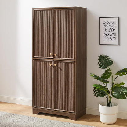 Crosley Furniture Naomi Modern Reeded Kitchen Pantry Storage Cabinet, Dining, Laundry Room, Bathroom, Walnut