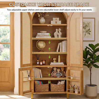 Merax 71'' Tall Farmhouse Rattan Arched Storage Cabinet | Boho Style Pantry Cabinet, Open Countertop, Rattan Doors & Adjustable Shelves, Arched Cabinet for Kitchen Dining Room