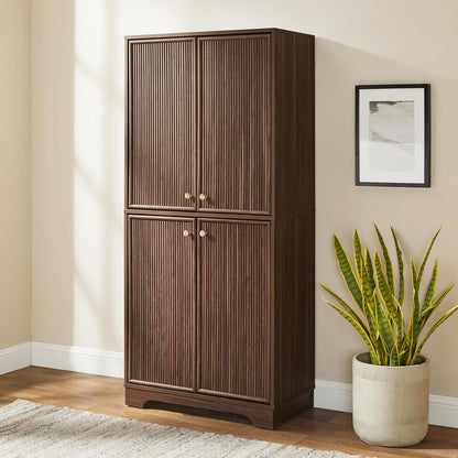 Crosley Furniture Naomi Modern Reeded Kitchen Pantry Storage Cabinet, Dining, Laundry Room, Bathroom, Walnut
