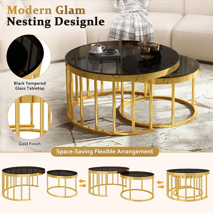 Round Nesting Coffee Table Set of 2 with Gold Frame & Mirrored Top, Black | Modern Circular Cocktail Tables with Tempered Glass, Space-Saving for Living Room & Apartment
